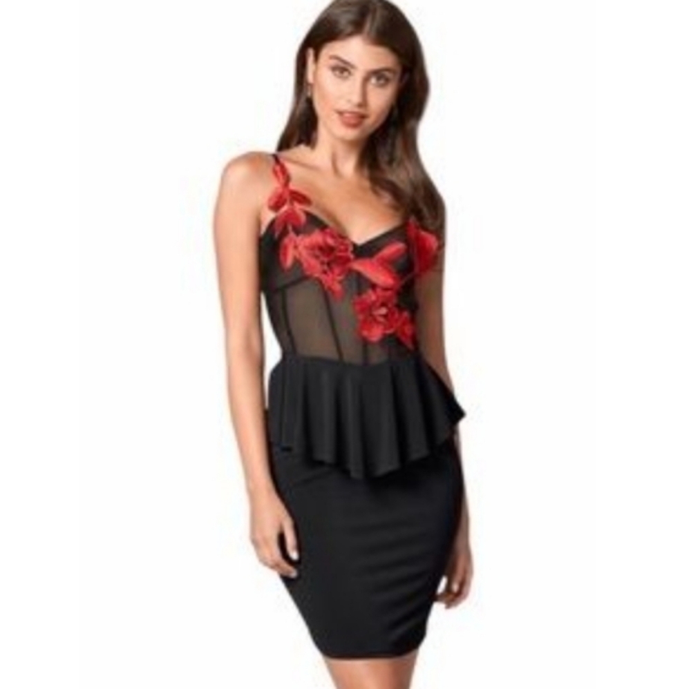 Elegant Black and Red Floral Dress